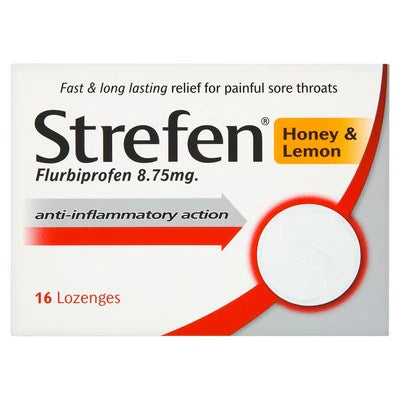 Strefen Honey & Lemon Lozenges, fast relief for sore throats with anti-inflammatory flurbiprofen. Works for up to 4 hours to reduce pain and swelling. Available at Happy Pharmacy with trusted healthcare support.
