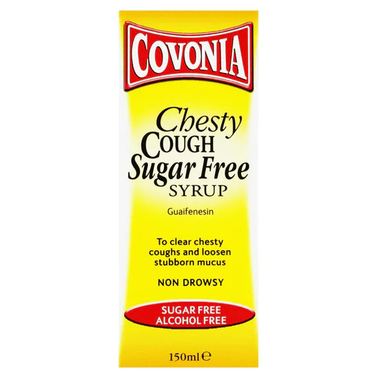 Covonia Chesty Cough Sugar-Free Syrup, effective relief for chesty coughs and stubborn mucus. Guaifenesin formula helps loosen phlegm for easier breathing. Available at Happy Pharmacy with trusted healthcare support.
