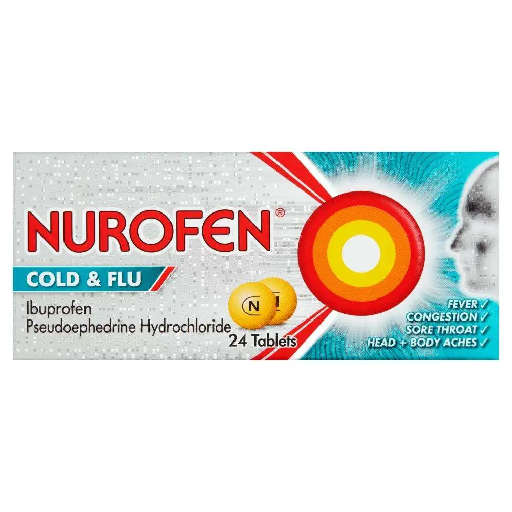 Nurofen Cold & Flu 200mg/5mg Tablets, dual-action formula with ibuprofen and phenylephrine for fast relief from cold and flu symptoms. Reduces fever, congestion, and body aches. Available at Happy Pharmacy with trusted healthcare support.