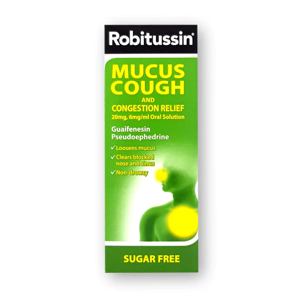 Robitussin Mucus Cough Congestion Relief 100ml, dual-action formula with guaifenesin and pseudoephedrine to loosen mucus and clear congestion. Fast relief for chesty coughs and blocked sinuses. Available at Happy Pharmacy with trusted healthcare support."