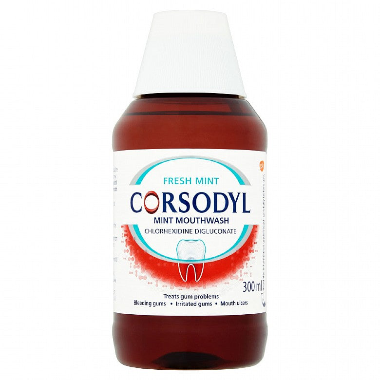 Corsodyl Chlorhexidine Mint Mouthwash, intensive gum treatment with 0.2% chlorhexidine digluconate. Kills plaque bacteria in 30 seconds to help stop bleeding gums and promote healing. Available at Happy Pharmacy with trusted healthcare support.