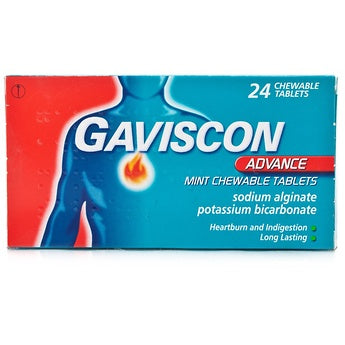 Gaviscon Advance Mint Chewable Tablets, long-lasting relief for acid reflux and heartburn. Extra-strength formula with sodium alginate forms a protective barrier to soothe discomfort. Available at Happy Pharmacy with trusted healthcare support.