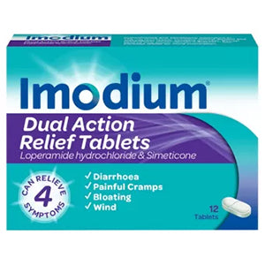 Imodium Dual Action Relief Tablets, fast-acting diarrhoea relief with added support for cramps, bloating, and wind. Contains loperamide and simeticone for dual-action effectiveness. Available at Happy Pharmacy with trusted healthcare support.