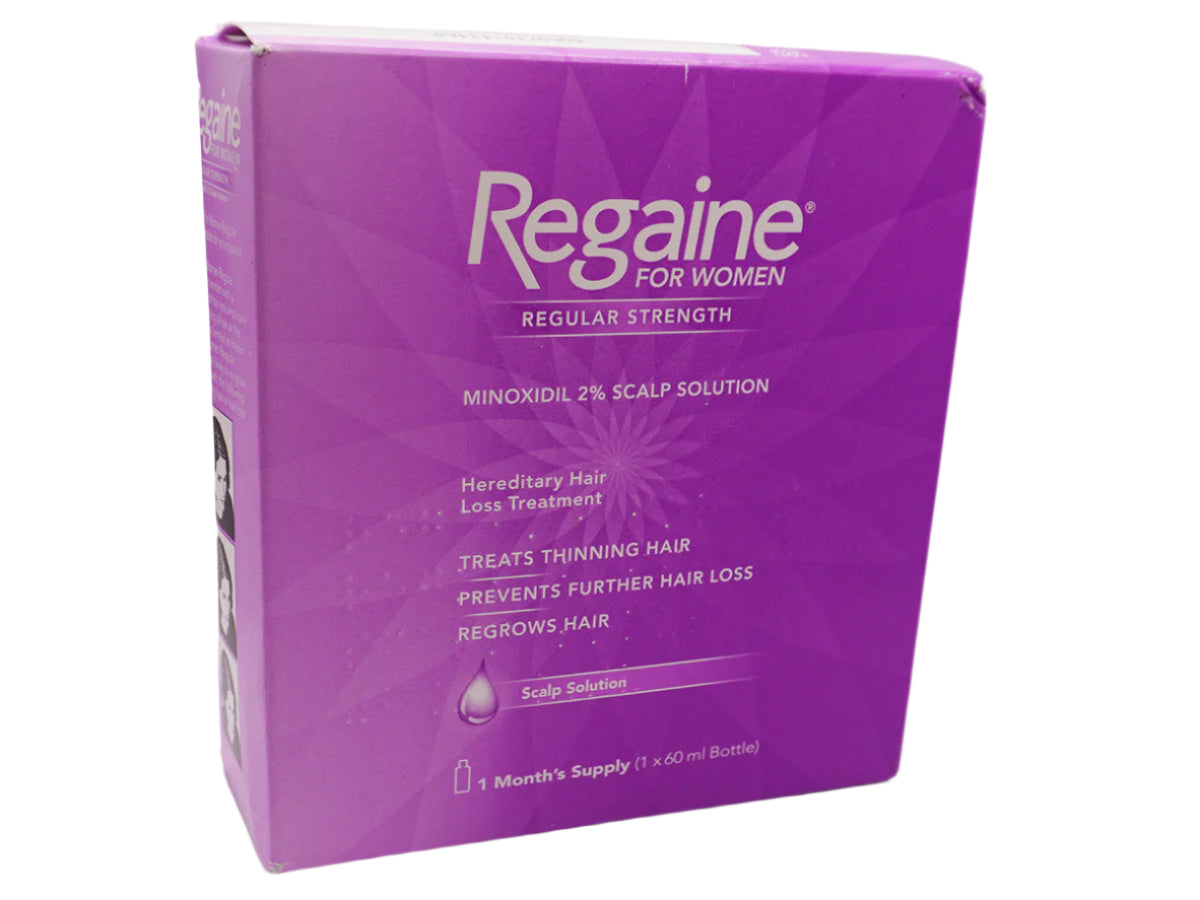 Regaine for Women Regular Strength Solution – clinically proven treatment for hereditary hair loss, available at Happy Pharmacy for trusted and discreet service