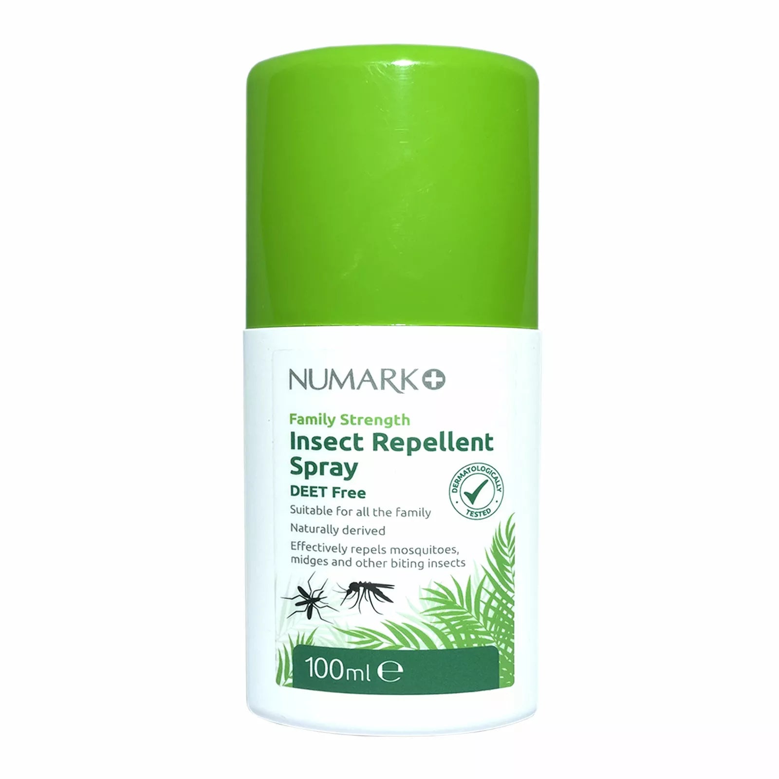 Numark Family Strength Insect Repellent Spray, DEET-free protection against mosquitoes and midges. Dermatologically tested and suitable for sensitive skin. Available at Happy Pharmacy with fast delivery