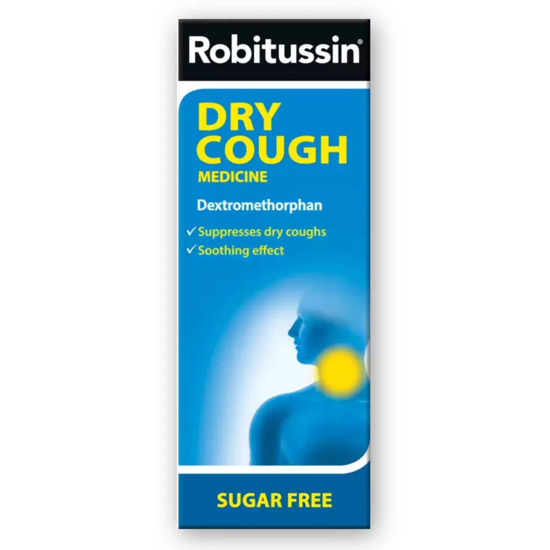 Robitussin Dry Cough Medicine 250ml, non-drowsy formula for persistent dry cough relief. Contains dextromethorphan to suppress cough reflex and soothe irritation. Available at Happy Pharmacy with trusted healthcare support.