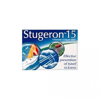 Stugeron 15mg Tablets, effective relief for travel sickness, vertigo, and balance disorders. Contains cinnarizine to reduce nausea and dizziness. Available at Happy Pharmacy with trusted healthcare support."