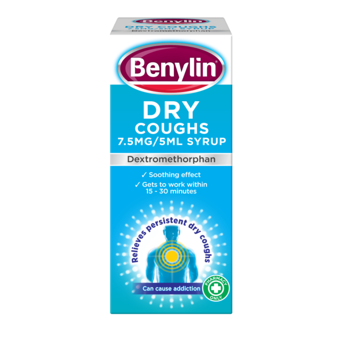 Benylin Dry Cough 7.5mg/5ml Syrup 150ml, non-drowsy formula for persistent dry cough relief. Available at Happy Pharmacy with trusted healthcare support.