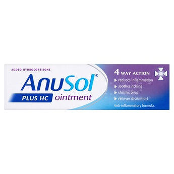 Anusol Plus HC Ointment, a soothing treatment for hemorrhoids, reducing inflammation, itching, and discomfort. Available at Happy Pharmacy with discreet delivery