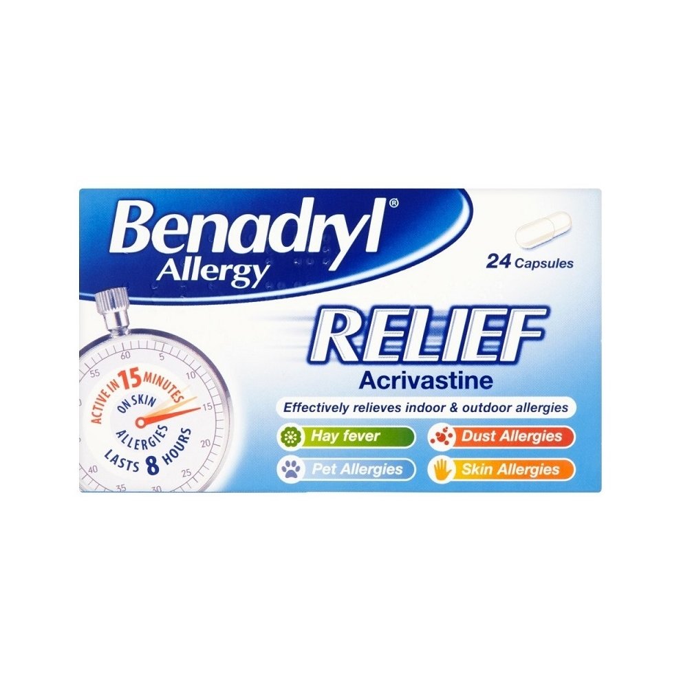 Benadryl Allergy Relief Capsules, fast-acting antihistamine with acrivastine for hay fever, pet, dust, and skin allergies. Provides relief in just 15 minutes and lasts up to 8 hours. Available at Happy Pharmacy with trusted healthcare support."