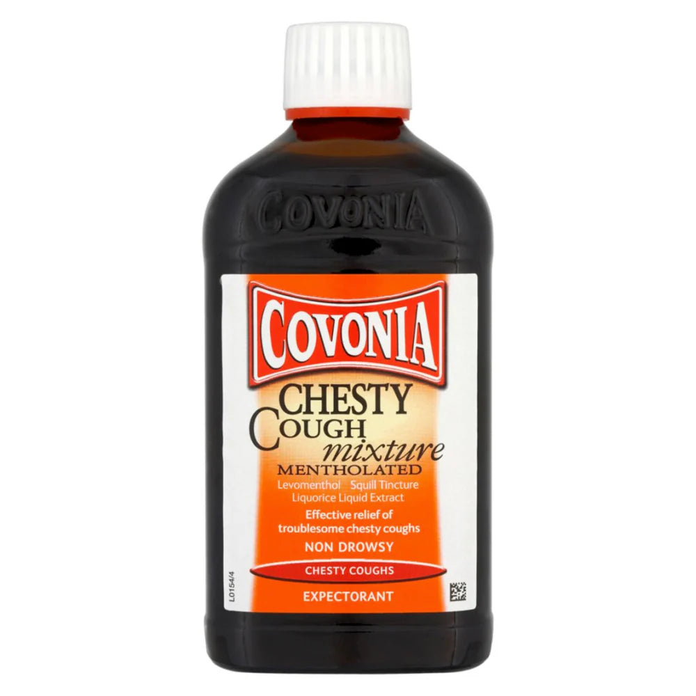 Covonia Chesty Cough Mixture 300ml, mentholated formula for effective relief from chesty coughs and congestion. Available at Happy Pharmacy with trusted healthcare support.