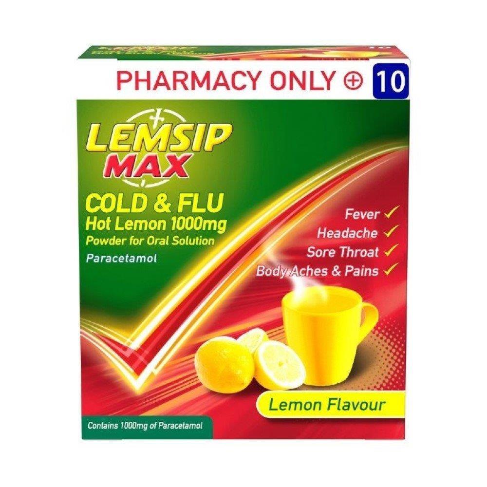 Lemsip Max Cold & Flu Lemon Sachets, fast-acting relief for fever, headaches, blocked nose, sore throat, and body aches. Contains paracetamol and phenylephrine for effective symptom relief. Available at Happy Pharmacy with trusted healthcare support.