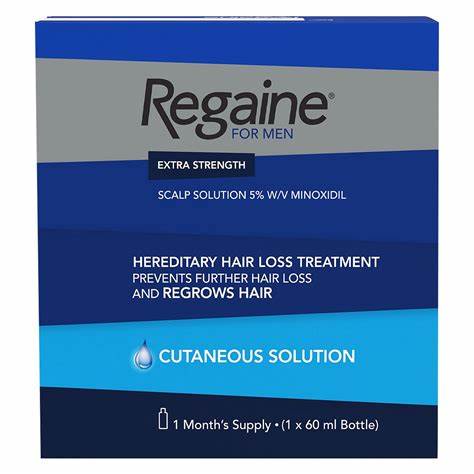 Regaine For Men Extra Strength Solution, clinically proven 5% minoxidil formula for hereditary hair loss. Stimulates hair follicles to promote regrowth in 48 weeks. Available at Happy Pharmacy with trusted healthcare support.