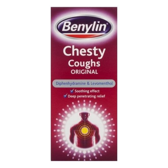 Benylin Chesty Coughs Original 150ml, deep-penetrating relief for chesty coughs and congestion. Available at Happy Pharmacy with trusted healthcare support.
