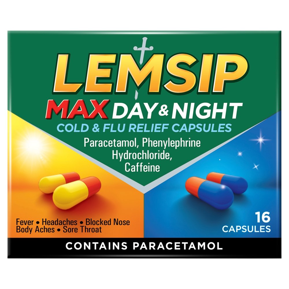 Lemsip Max Cold & Flu Day & Night Capsules, round-the-clock relief for fever, headaches, sore throat, and congestion. Day capsules contain caffeine for daytime energy, while night capsules help you rest. Available at Happy Pharmacy with trusted healthcare support.